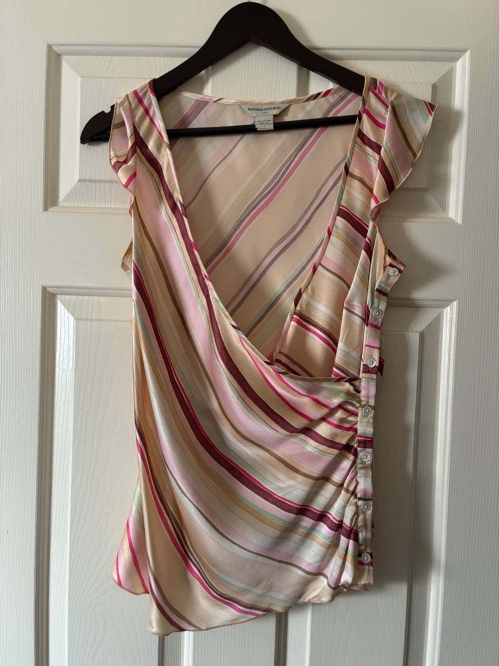 Banana Republic Pink Cream and Taupe Striped Draped Wrap Top